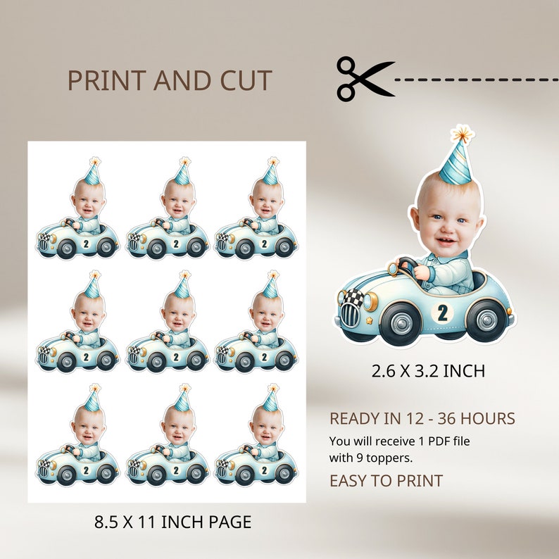 May include: Nine printable 2.6 x 3.2 inch toppers featuring a cartoon baby boy driving a blue race car with the number 2 on the side. The toppers are ready to print on an 8.5 x 11 inch page.