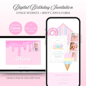 May include: Digital birthday invitation template on a laptop and smartphone. The invitation features a pink and white color scheme with a donut, ice cream cone, and photos. Text includes "She's a Sweet One" and "Olivia's Birthday".