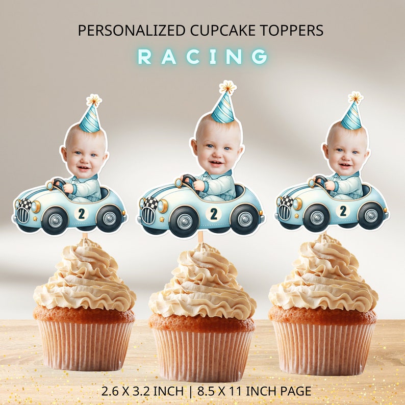 May include: Three blue and white cupcake toppers featuring a baby in a blue racing car with a blue and white party hat. The toppers are 2.6 inches by 3.2 inches and are printed on an 8.5 inch by 11 inch page. The text "RACING" is printed in blue at the top of the page.