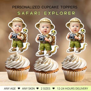 Safari Explorer gepersonaliseerde gezicht cupcake toppers, safari verjaardagsfeestje decor, digitaal bestand