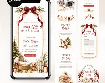 May include: A digital mobile phone display showing a Christmas-themed baby shower invitation template with a red bow, a wicker bassinet, a teddy bear, and a rabbit. The text includes Merry Little Baby Shower, Amelia Wilson, Dec 25, 2pm.