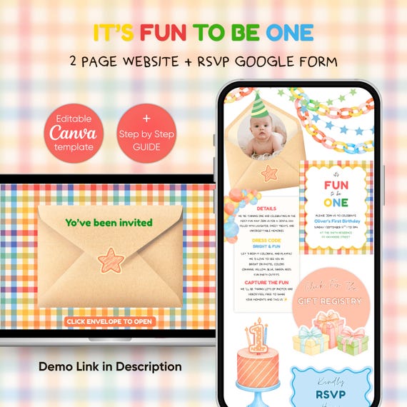 Fun to Be One First Birthday Website Invitation | Editable Canva Template (Digital Download)