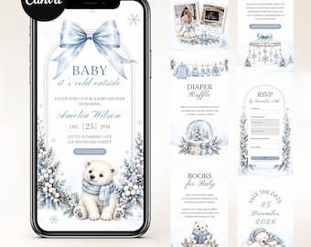 May include: A digital baby shower invitation template displayed on a smartphone screen, featuring a watercolor polar bear wearing a blue scarf, a large blue bow, and winter foliage. The design includes text elements like Baby it's cold outside.