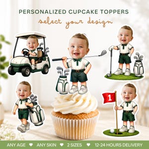 Personliga muffinsdekorationer för golfansikten, dekorationer för golffödelsedagsfest med foto, digital nedladdning