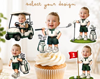 May include: Personalized cupcake toppers featuring illustrations of a baby dressed in a white polo shirt and green shorts with golf equipment. The text reads PERSONALIZED CUPCAKE TOPPERS and select your design. Includes golf carts, bags, and flags.