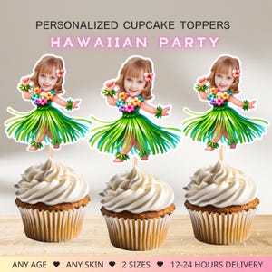 May include: Personalized cupcake toppers featuring a hula girl with a green grass skirt, pink flowers, and a lei. The toppers are perfect for a Hawaiian party.