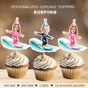 Surfing Personalized Face Cupcake Toppers, Baby On Board Birthday, Digital File