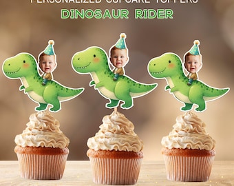 Dinosaur Rider Personalized Face Cupcake Toppers, Baby Photo Toppers, Birthday Decor, Digital File