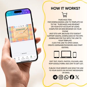 May include: A smartphone displays a digital invitation design with an envelope graphic and the text "You've been invited." The image also includes instructions on how to download and edit the template.