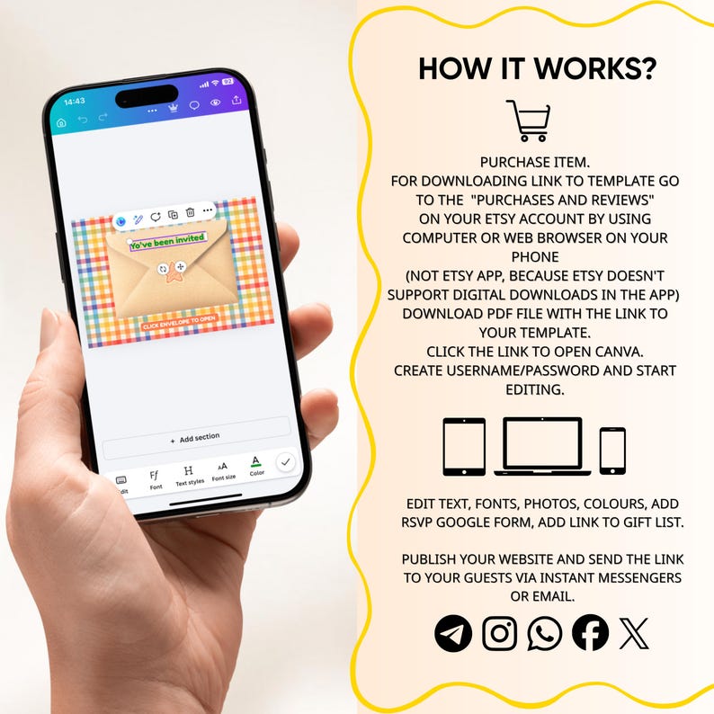 May include: A smartphone displays a digital invitation design with an envelope graphic and the text "You've been invited." The image also includes instructions on how to download and edit the template.