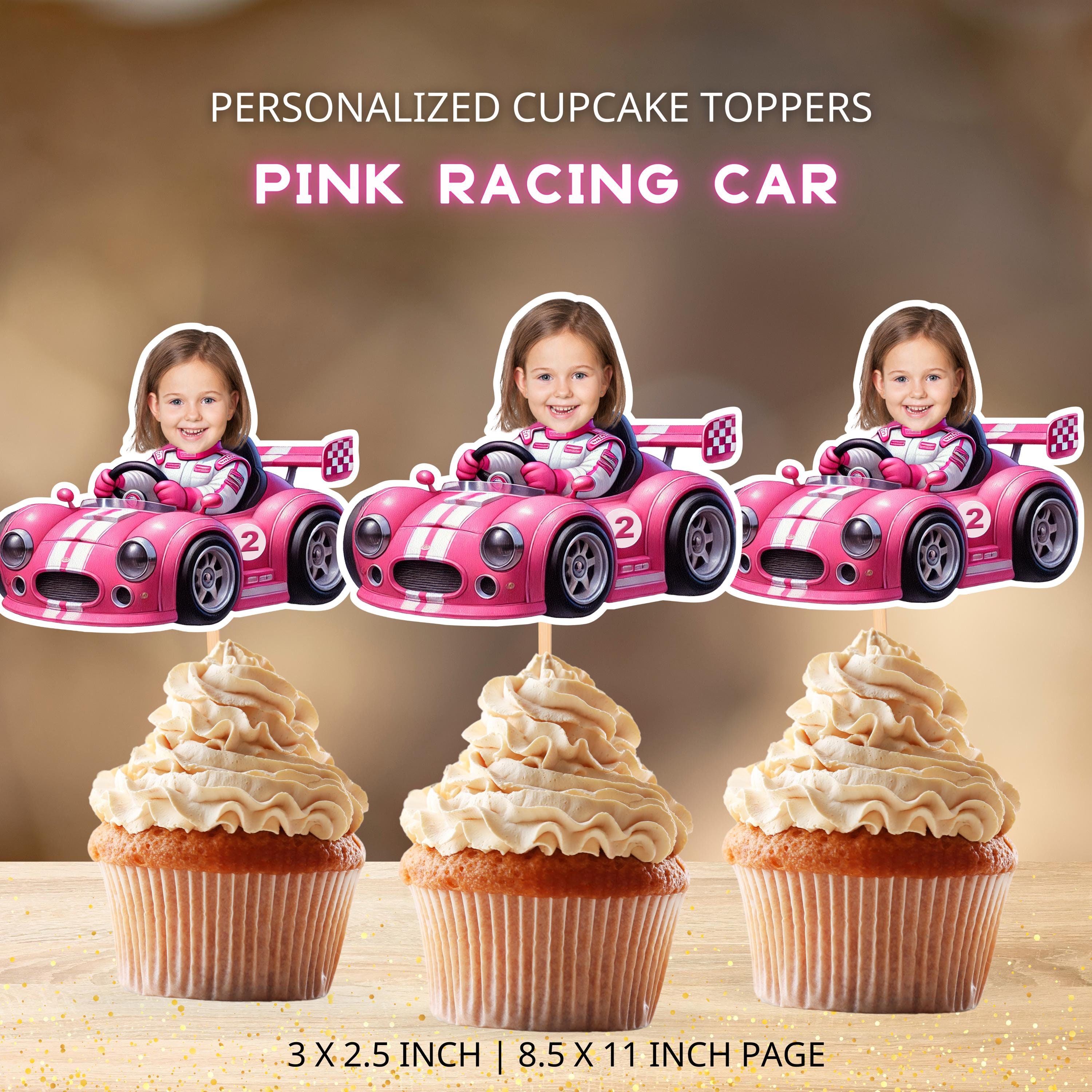 Pink Race Car Photo Cupcake Toppers Personalized,  Girl Face Toppers, Racing Birthday Party Decor
