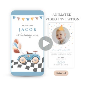 Vintage Blue Race Car Birthday Invitation, Fast One, Two Fast, Any Age, Second Birthday, animated video evite