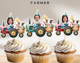 Adornos personalizados para cupcakes con cara de tractor de granjero: Cumpleaños de granja (archivo digital)