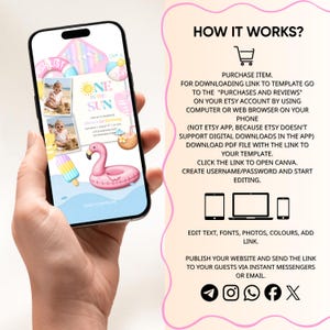 May include: A smartphone displays a digital invitation with a beach theme, including a photo, text, and a pink flamingo float. The invitation is for a first birthday celebration. The phone is held in a hand, with instructions on how to use the template.