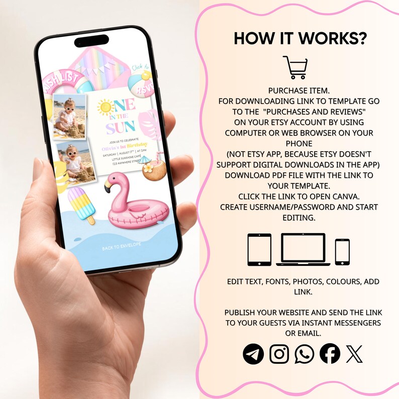 May include: A smartphone displays a digital invitation with a beach theme, including a photo, text, and a pink flamingo float. The invitation is for a first birthday celebration. The phone is held in a hand, with instructions on how to use the template.