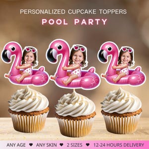 Flamingo Pool personalisierte Gesicht Cupcake Toppers, Sommer Pool Party Geburtstag Dekor, digitale Datei