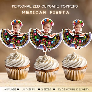 Personalized Mexican Fiesta Girl Cupcake Toppers: Mexican Birthday Decor (Digital File)