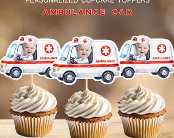 Ambulance Personalized Face Cupcake Toppers, Emergency Vehicles Birthday, Digital File