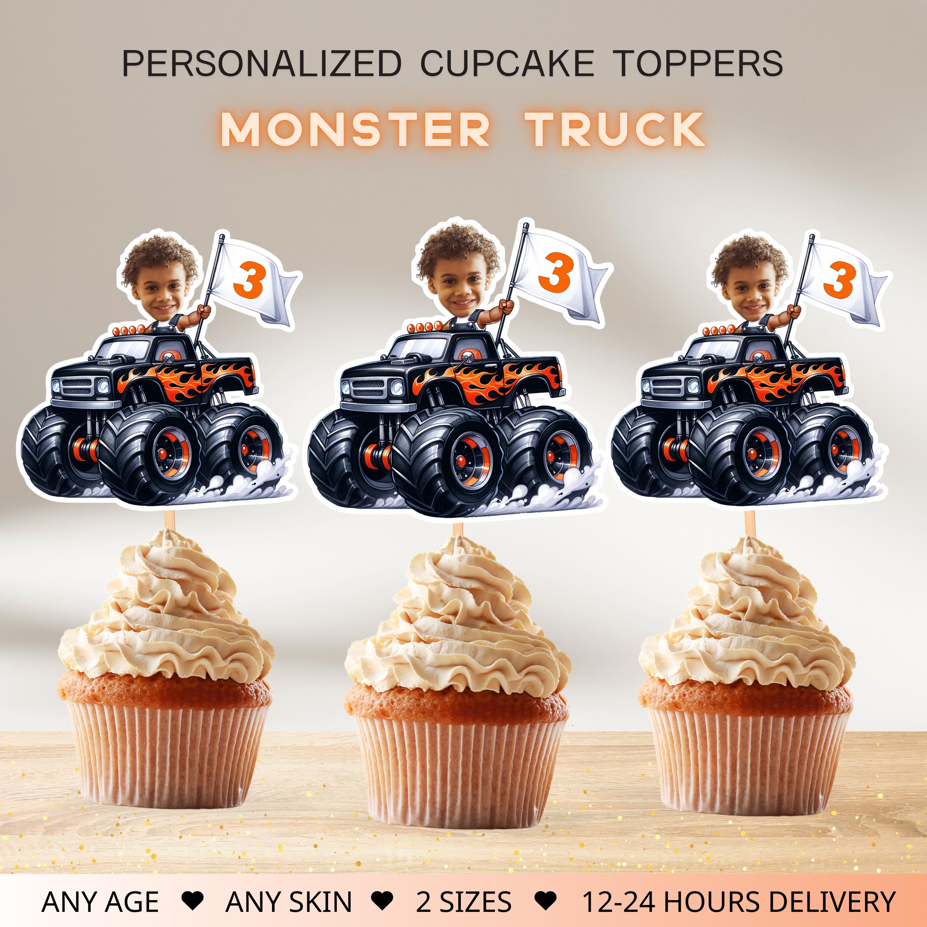 Monster Truck Personalized Face Cupcake Toppers, Boy Face Cupcake Toppers, Birthday Decor, Digital File