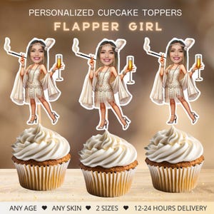 Flapper Girl Personalized Face Cupcake Toppers, Gatsby Birthday Party Decor, Digital File