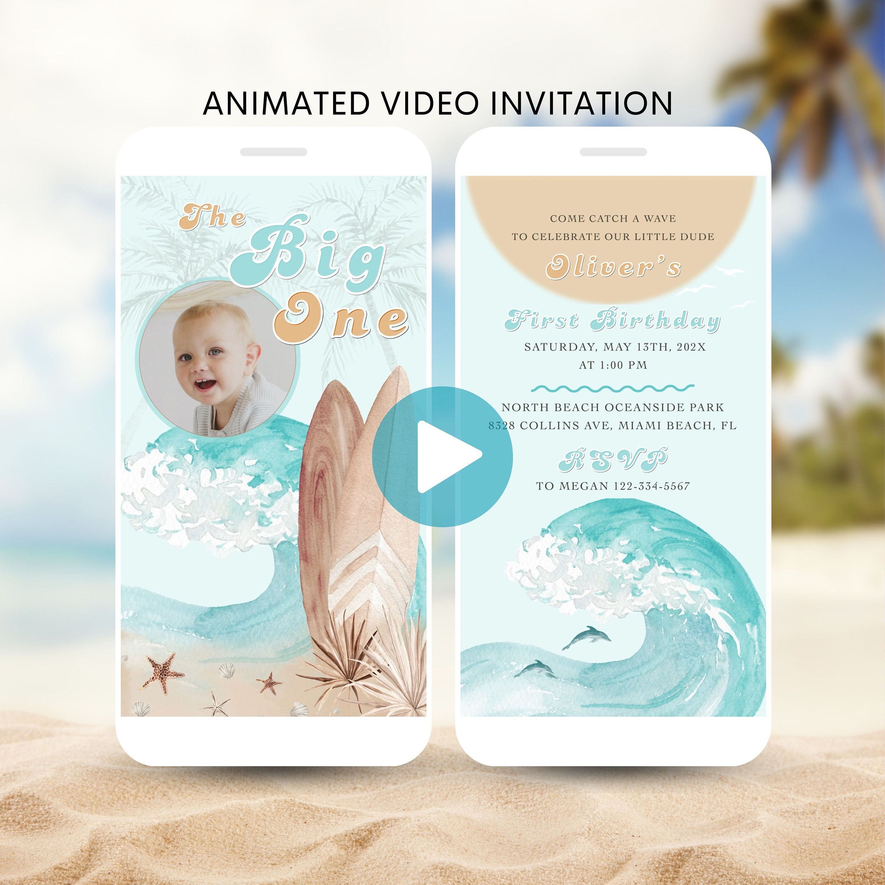 Surfing 1st Birthday Party Invitation: Retro Surf Van (MP4 Digital File)