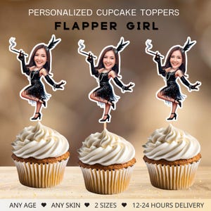 Flapper Girl Personalized Face Cupcake Toppers, Gatsby Birthday Party Decor, Digital File