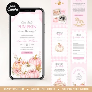 Invitación web para baby shower con temática de calabaza + confirmación de asistencia / Invitación editable de otoño / Plantilla de Halloween