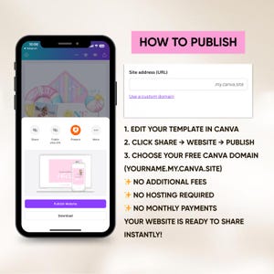 May include: A smartphone displays a website publishing tutorial. The screen shows a pink and white design with the text "Olivia." The tutorial text reads "How to Publish" and details steps for publishing a website using Canva, including no fees or hosting.