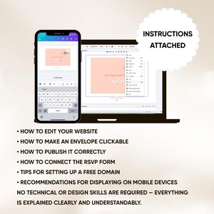 May include: A smartphone and laptop display a design template with the text "You have mail Taylor." The image includes the text "Instructions Attached" and bullet points: "How to edit your website," "How to make an envelope clickable," and more.