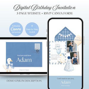 May include: Digital birthday invitation template featuring a blue and white theme. The design includes a laptop and smartphone displaying the invitation, with text that reads "Adam is one silly goose!" and "Can't wait to see you, Adam."