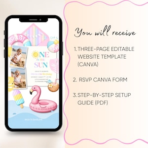 May include: A smartphone displays a birthday invitation with a beach theme. The design includes a flamingo float, ice cream, and the text "One in the Sun." The invitation also includes the text "You will receive" and a list of items.