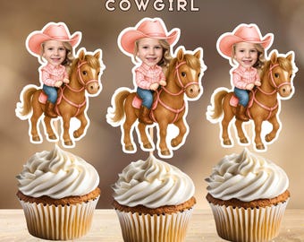 Cowgirl Personalized Face Cupcake Toppers, Horse Ranch Birthday Party Decor, Digital File
