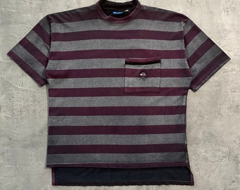 Vintage 80s Quiksilver Striped T Shirt (S) Boxy Grey Maroon Overdyed Black Made in USA