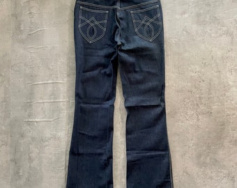 Vintage 70s Deadstock Denim Flared Jeans 35 x 36 Raw Dark long made in USA talon zipper