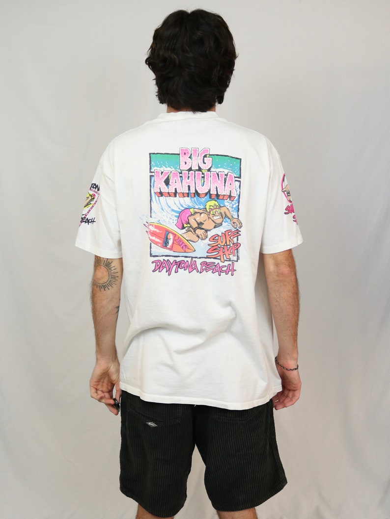 Vintage 80s Big Kahuna Surf Shop T Shirt XL White double sided graphic tee made in USA image 2