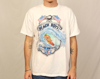 Vintage 80s The Beach Boys Surf Patrol Catch A Wave T Shirt (XL) White Graphic Band Tee Made in USA