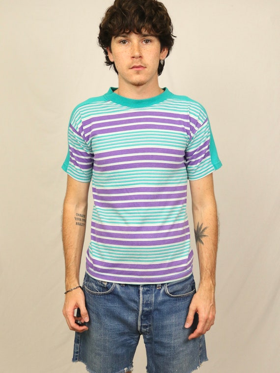 Vintage 90s Hang Ten Striped T Shirt (L) Purple T… - image 1