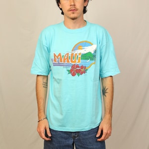 Vintage 80s Maui Hawaii T Shirt XL Light blue 1984 Poly Prints Graphic tee image 1