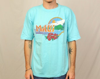 Vintage 80s Maui Hawaii T Shirt (XL) Light blue 1984 Poly Prints Graphic tee