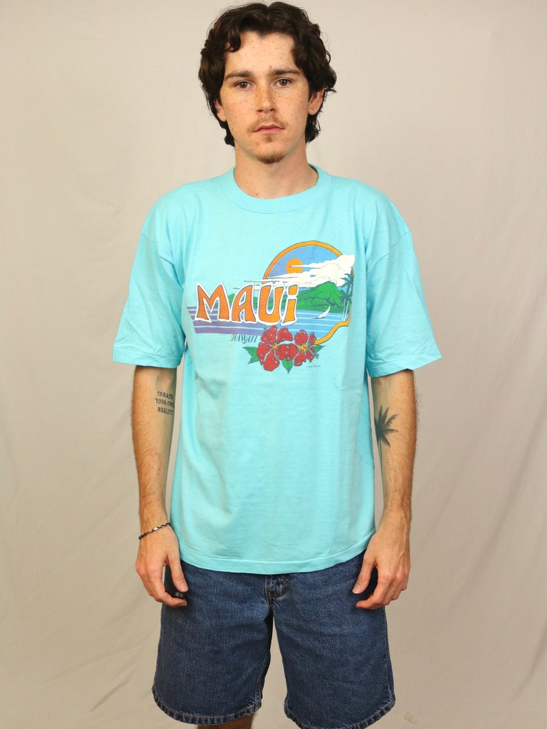 Vintage 80s Maui Hawaii T Shirt XL Light blue 1984 Poly Prints Graphic tee image 1