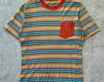 Vintage 60s Striped Cotton T Shirt (M) Orange Yellow Blue Pocket Tee Made in USA