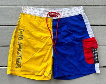 Vintage Y2K Tommy Hilfiger Boardshorts (34) yellow blue red white colorblock swim trunks