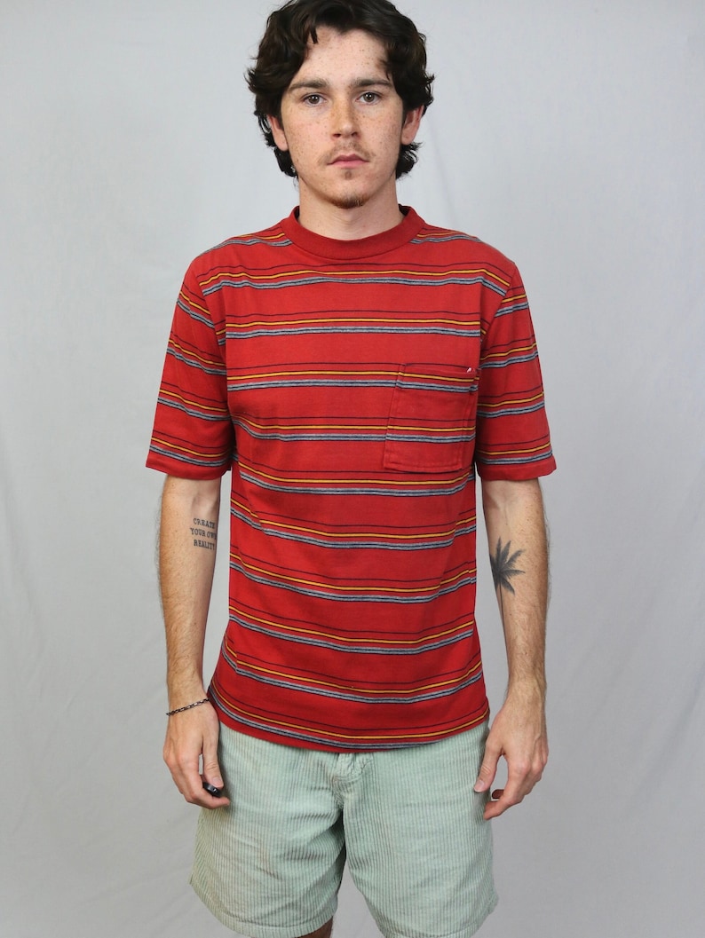 Vintage 70s Jantzen Striped T Shirt L 100% Cotton pocket tee made in USA image 1