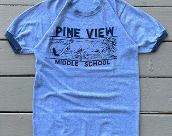 Vintage 70s Light blue Ringer t shirt (S) thin and soft graphic tee pine view middle school panther made in USA