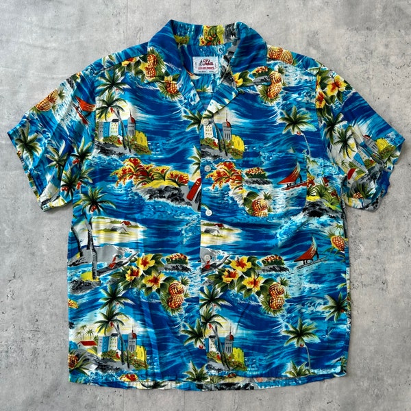 Vintage 1950s Hawaiian Rayon Loop Collar Button up shirt (M) blue tropical floral Tahiti Leisure Prints made in Japan