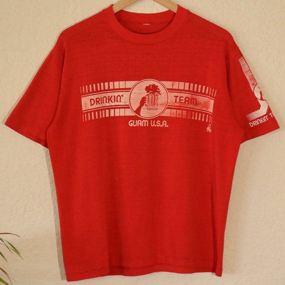 Vintage 70s Guam Drinking Team T Shirt (M) poly t… - image 1