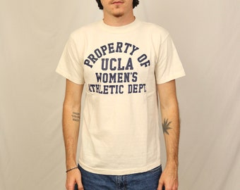 Vintage 70s UCLA Women’s Athletic Dept. T Shirt (M) white navy graphic tee Shoreline Sportswear Made in USA