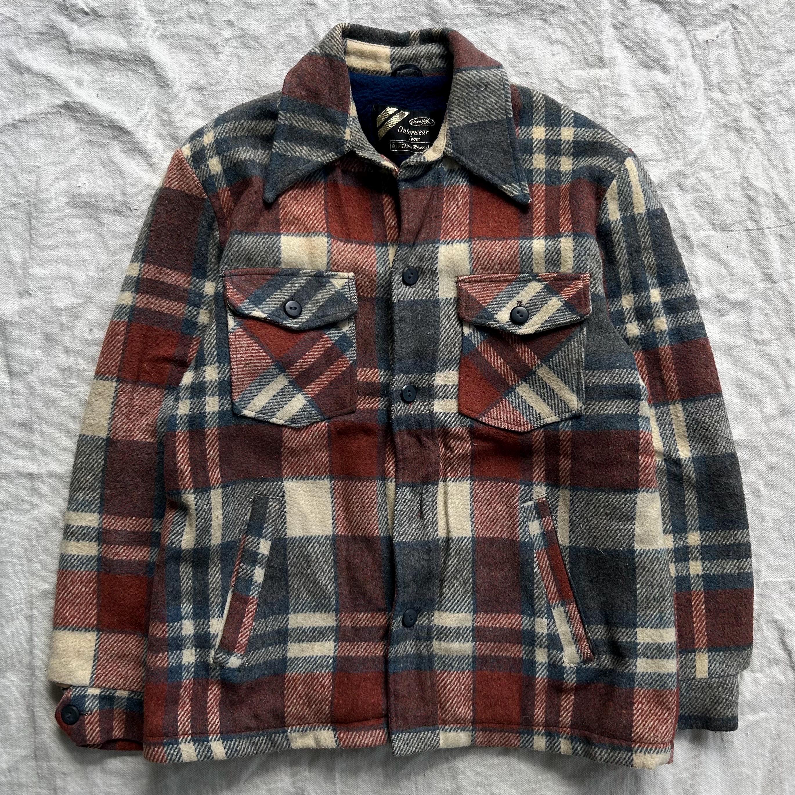 Vintage 1970s Sears Outerwear Fleece lined Flannel button up shirt jacket (S) orange blue grey cream the men’s store
