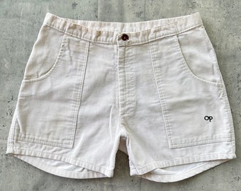 Vintage 70s Ocean Pacific Corduroy Shorts White Navy logo (32) Surf OP Cords wood button