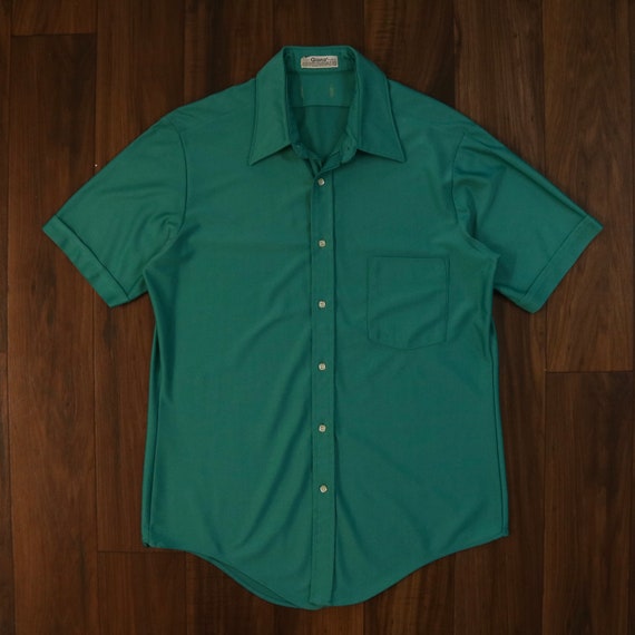 Vintage 70s Nylon Button Up Shirt Green Qiana Col… - image 1